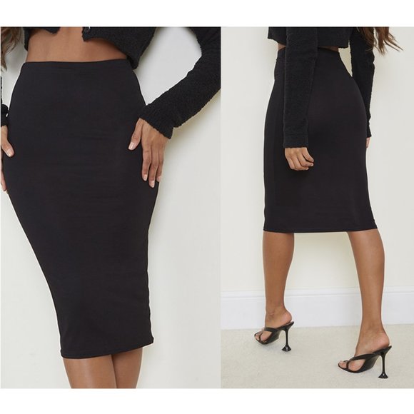 PRETTY LITTLE THING BLACK VISCOSA BLEND JERSEY MIDI SKIRT XS USA 0 - Picture 3 of 7